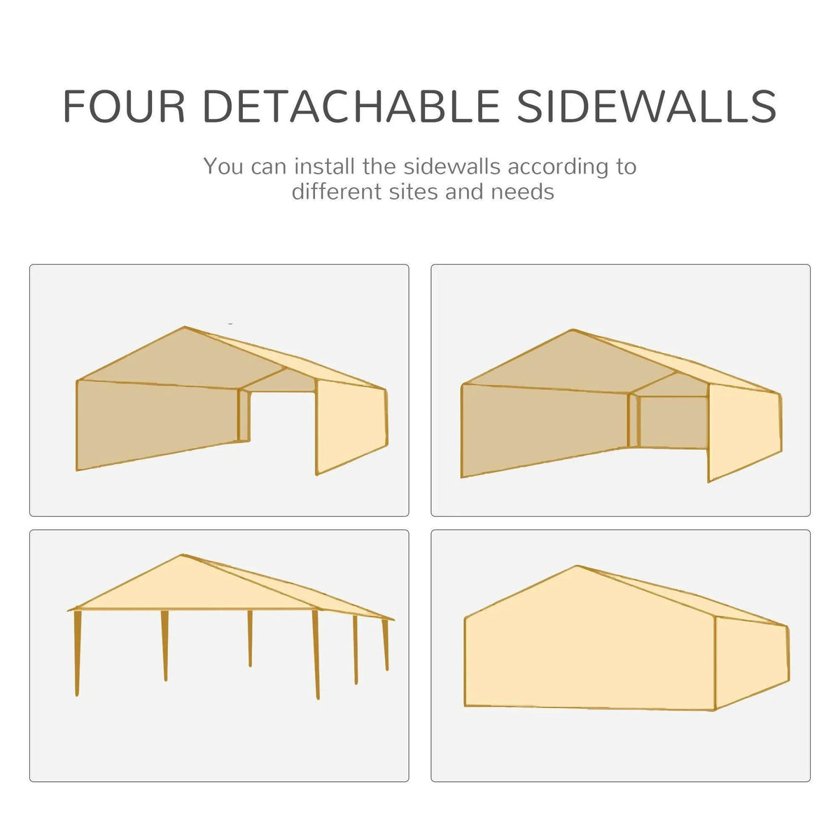 Detachable tent sidewall set with frame, shown in four configuration views