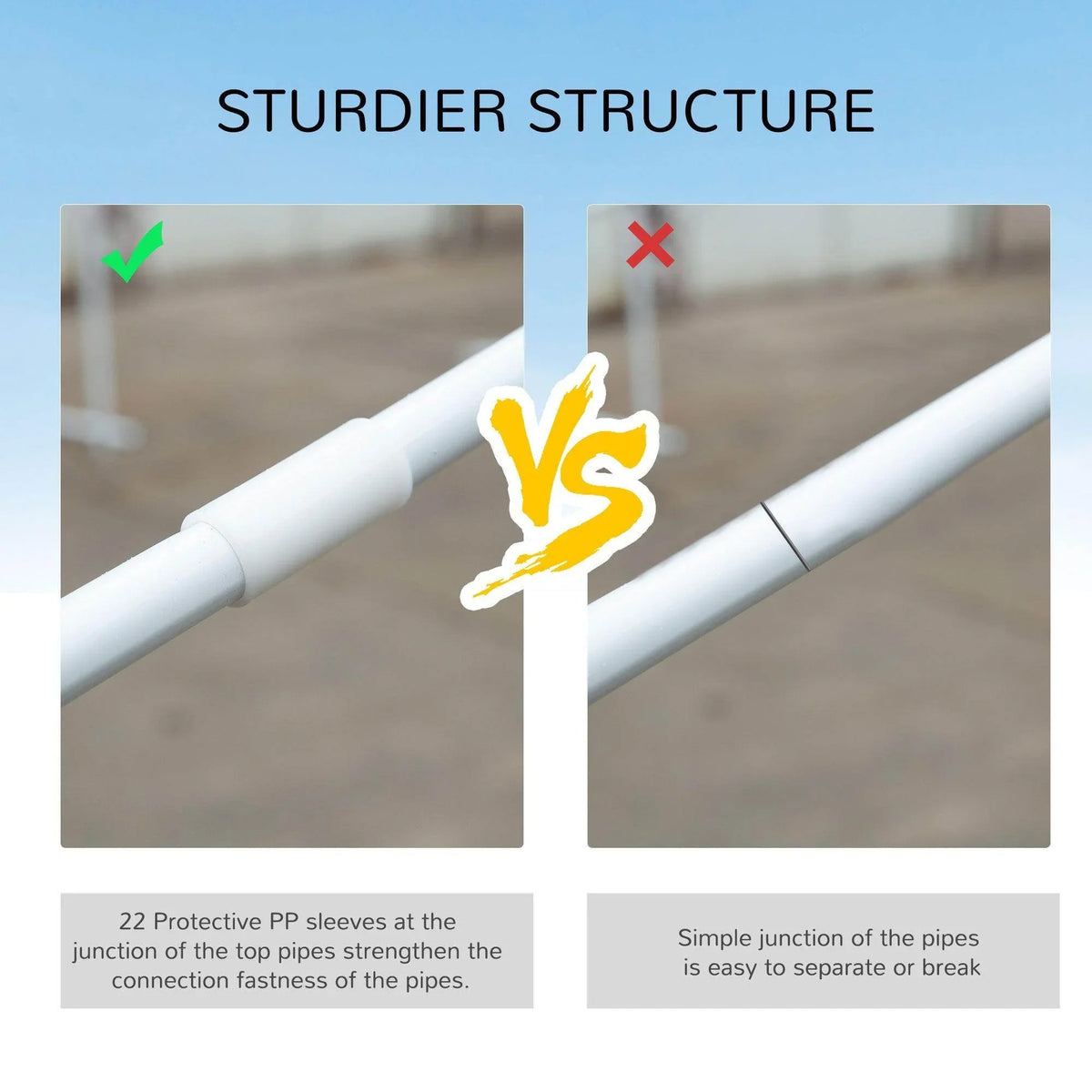 White tent frame pipe connectors with protective PP sleeves, close-up comparison