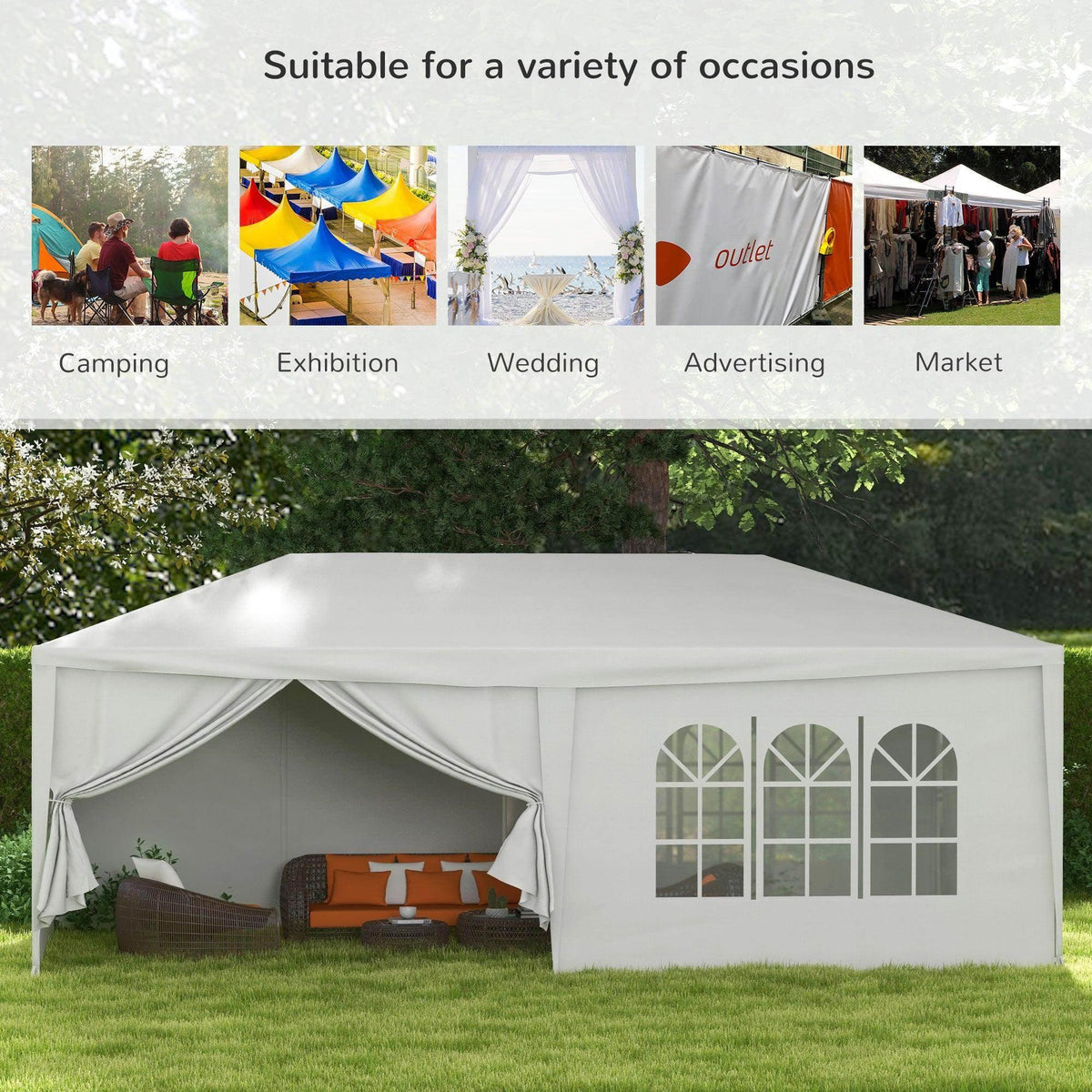White party tent gazebo on grass with open front and window side panels
