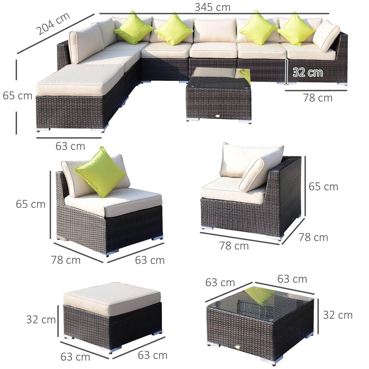 Modular outdoor wicker sofa set with cream cushions, lime pillows, glass-top table, and ottoman, dimensions shown