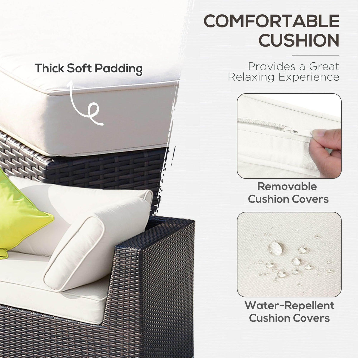 Outdoor wicker sofa with thick soft cushions, removable water-repellent covers for comfortable relaxing