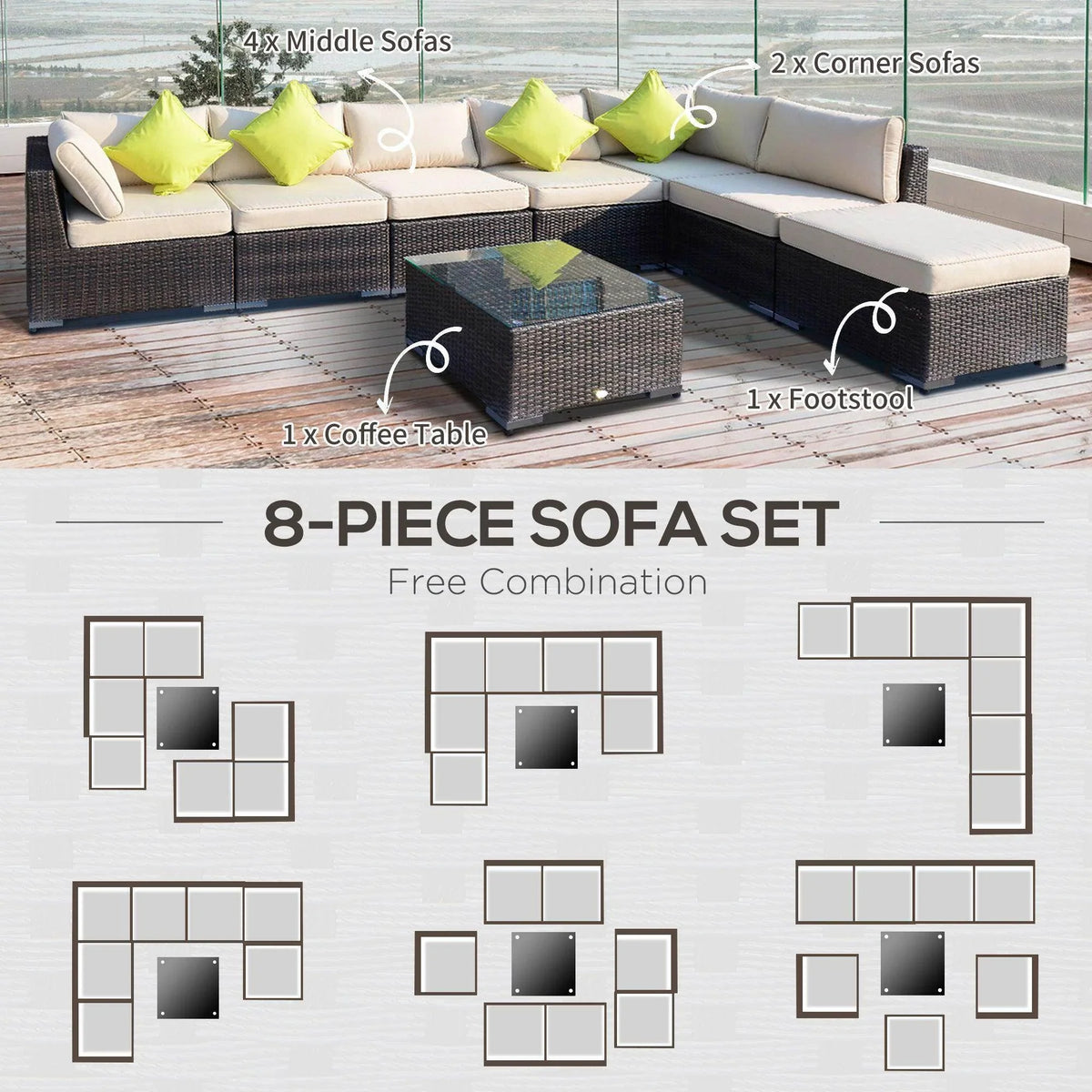 8-piece outdoor wicker sofa set with coffee table, corner & middle sofas, footstool, free layout combinations