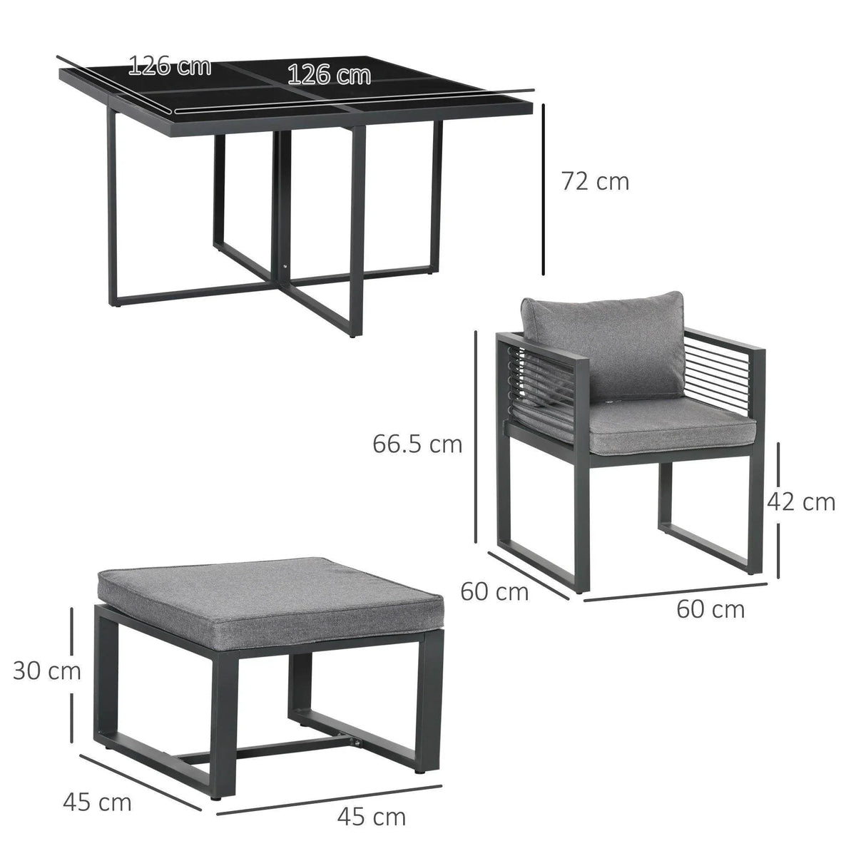 Black outdoor dining table with gray padded chair, showing overall size dimensions