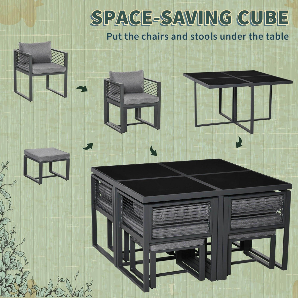 Space-saving outdoor dining set with stools stored under the table for compact use