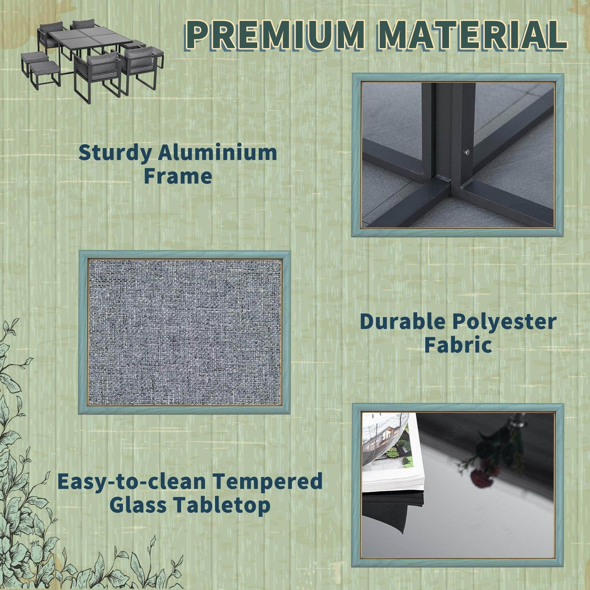 Outdoor dining set with sturdy aluminum frame, gray polyester cushions, and glass tabletop