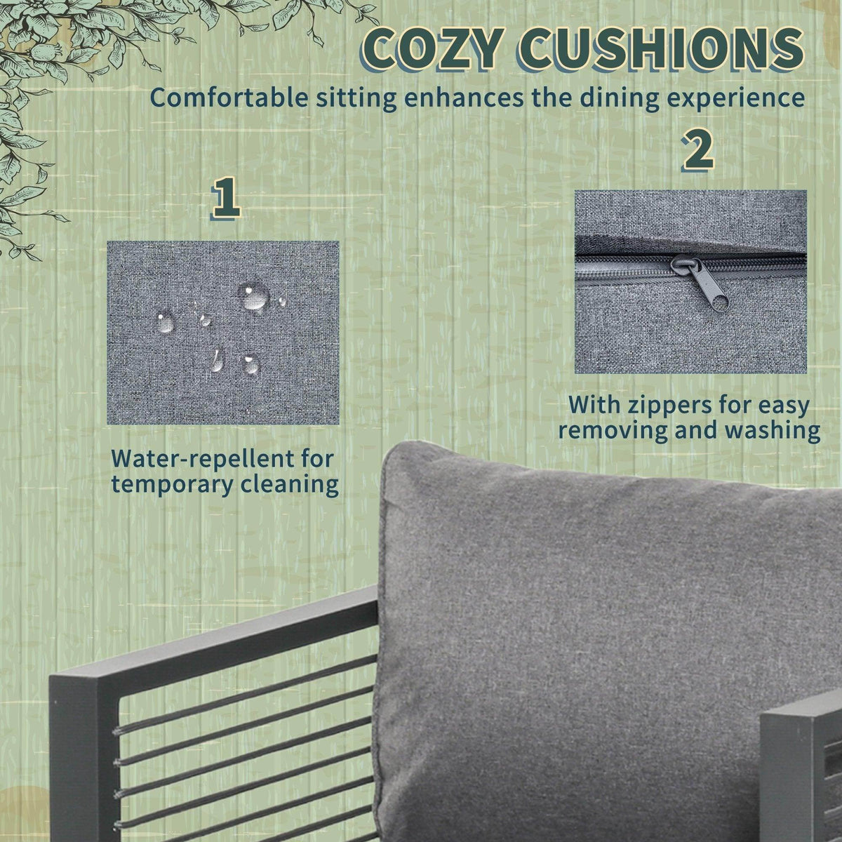 Gray outdoor dining chair cushion with zipper for easy removal and washing