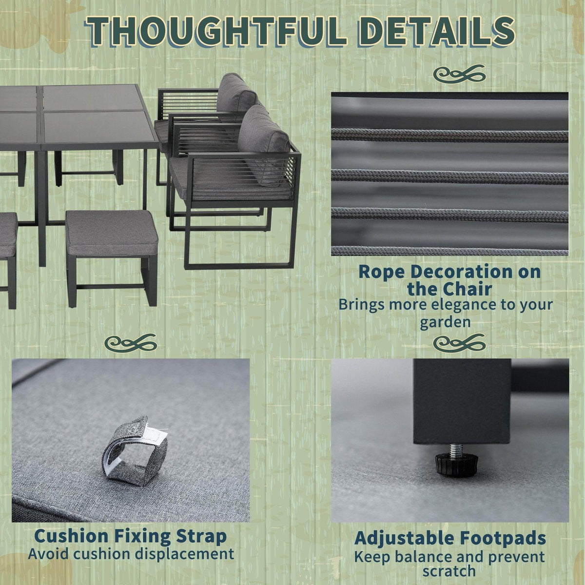 Outdoor dining chair with rope trim, cushion fixing strap, and adjustable footpads