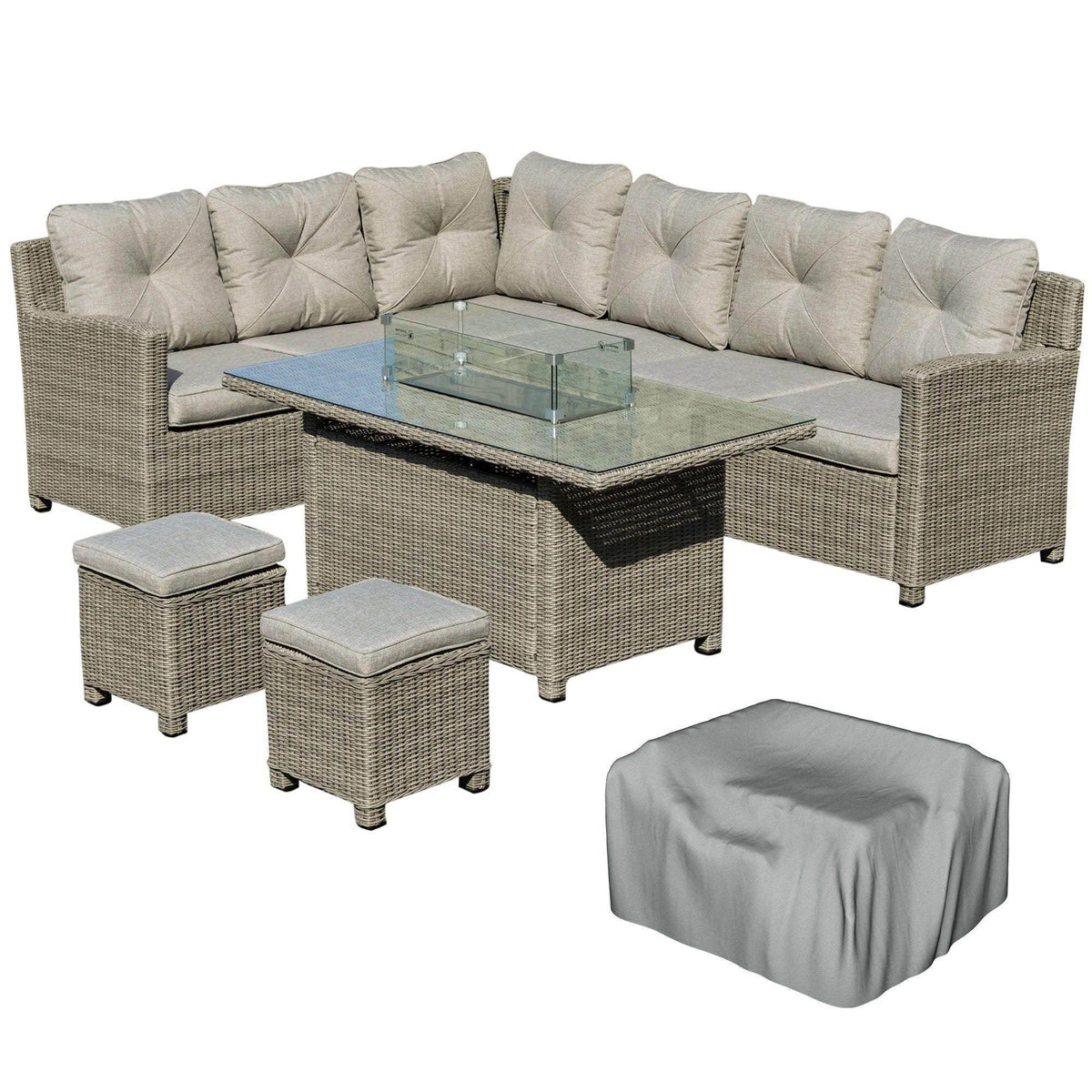 Light gray outdoor rattan sofa set with fire pit glass table and matching footstools