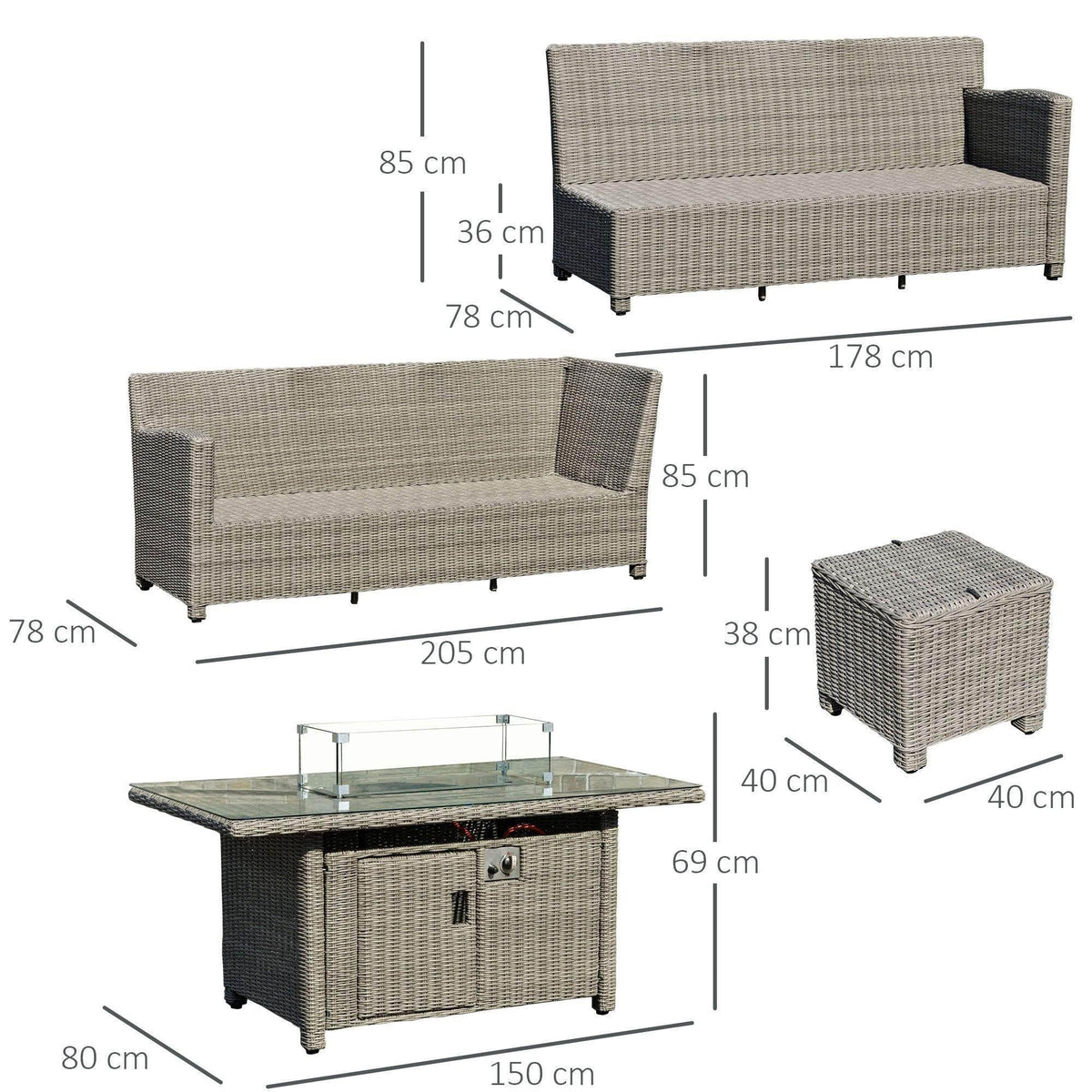 Outdoor rattan sofa set layout with sofas, corner seat, fire pit coffee table, and footstools