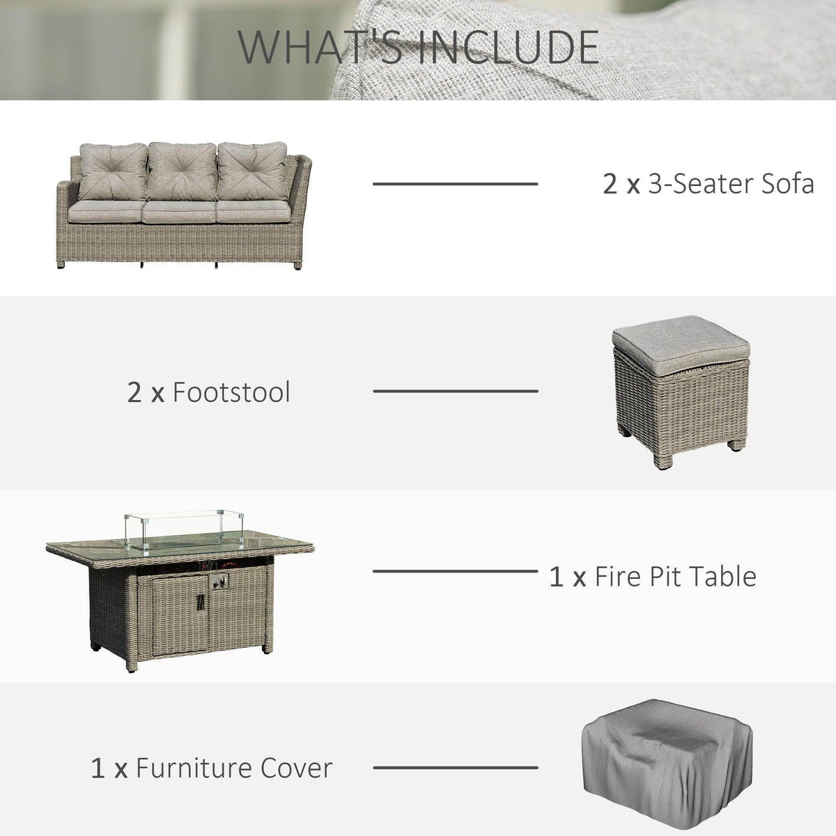 Outdoor rattan sofa set contents diagram: 2 sofas, footstools, fire pit table, furniture cover