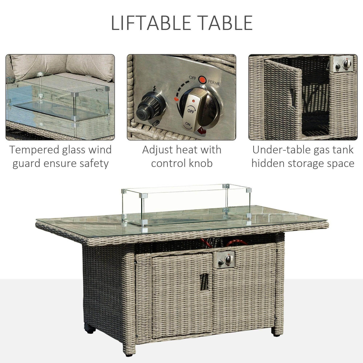 Square fire pit table with clear tempered glass top and rattan-style base with control knobs