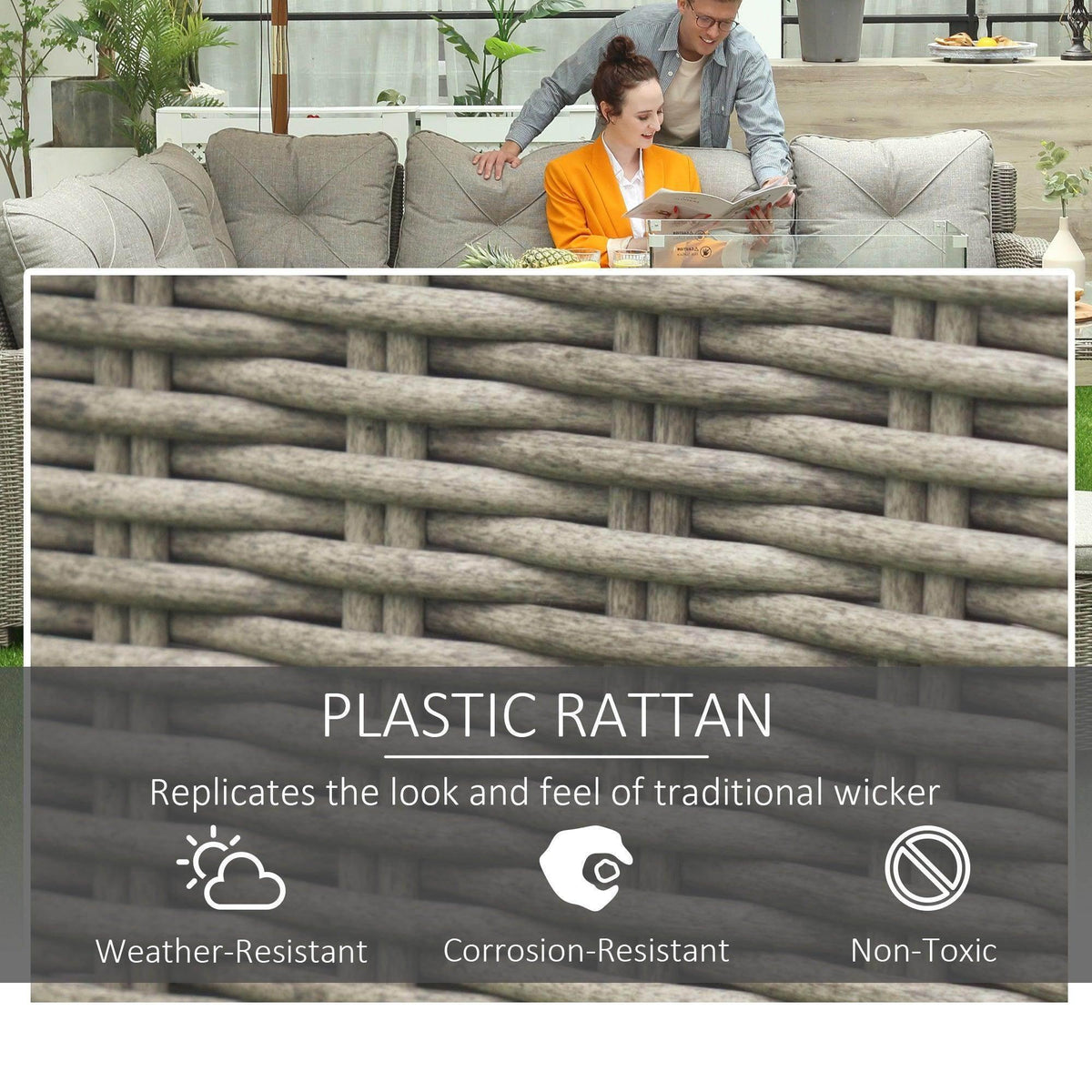 Outdoor rattan sofa set with light gray cushions, glass fire pit table, and two footstools
