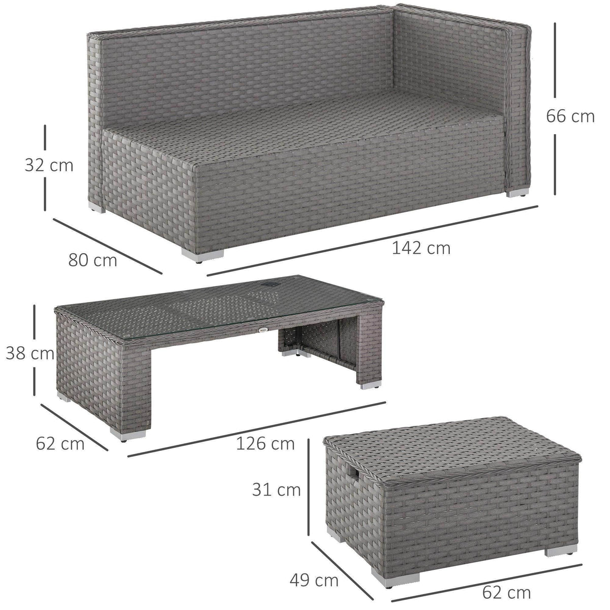 Grey outdoor sofa corner module with ottoman and table, shown with product dimensions.