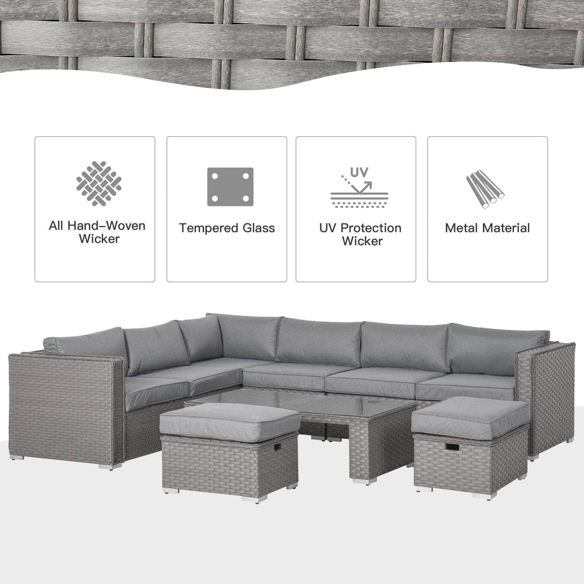 Grey modular outdoor sectional sofa with back cushions and matching ottomans in a layout.
