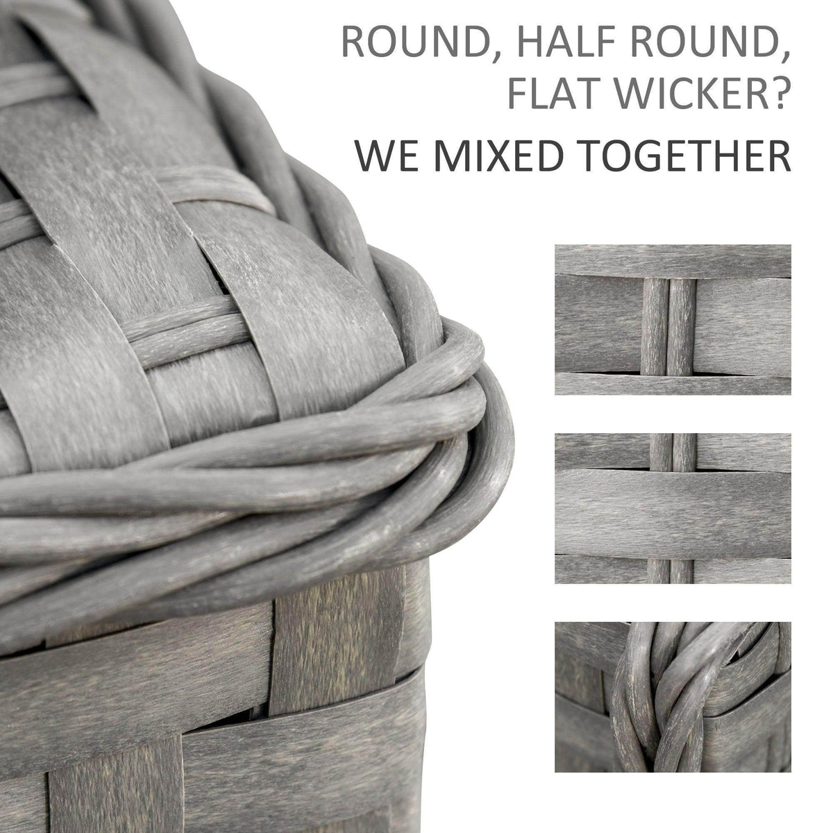 Grey woven rattan sofa corner with mixed flat and round wicker texture detail.