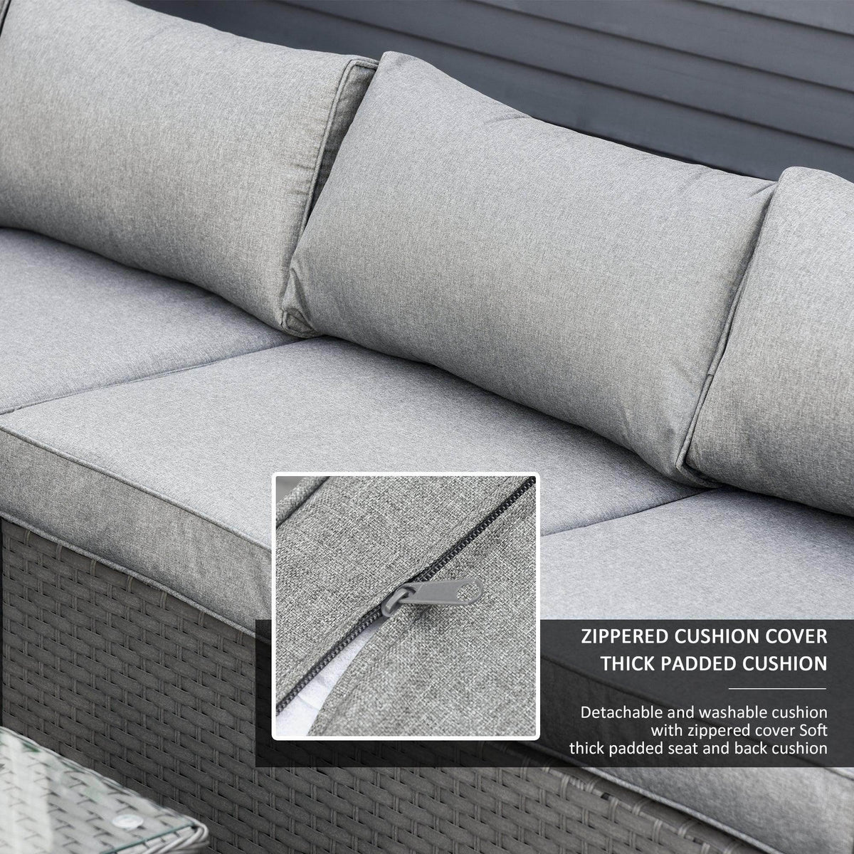 Grey outdoor sofa cushion with visible zipper on removable, thick padded cushion cover.