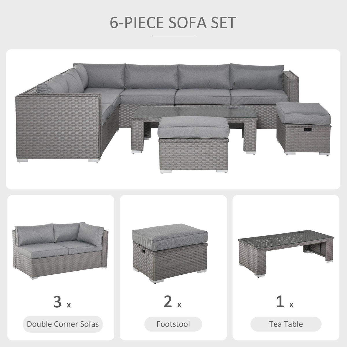 Grey modular outdoor sectional sofa set layout with corner sofa, ottoman, and tea table.