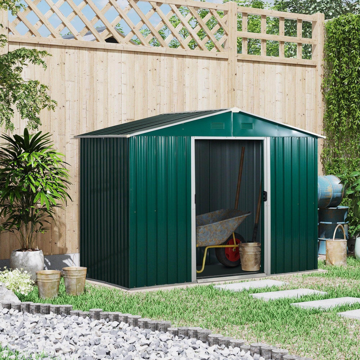 Green metal garden storage shed with open sliding doors and front access