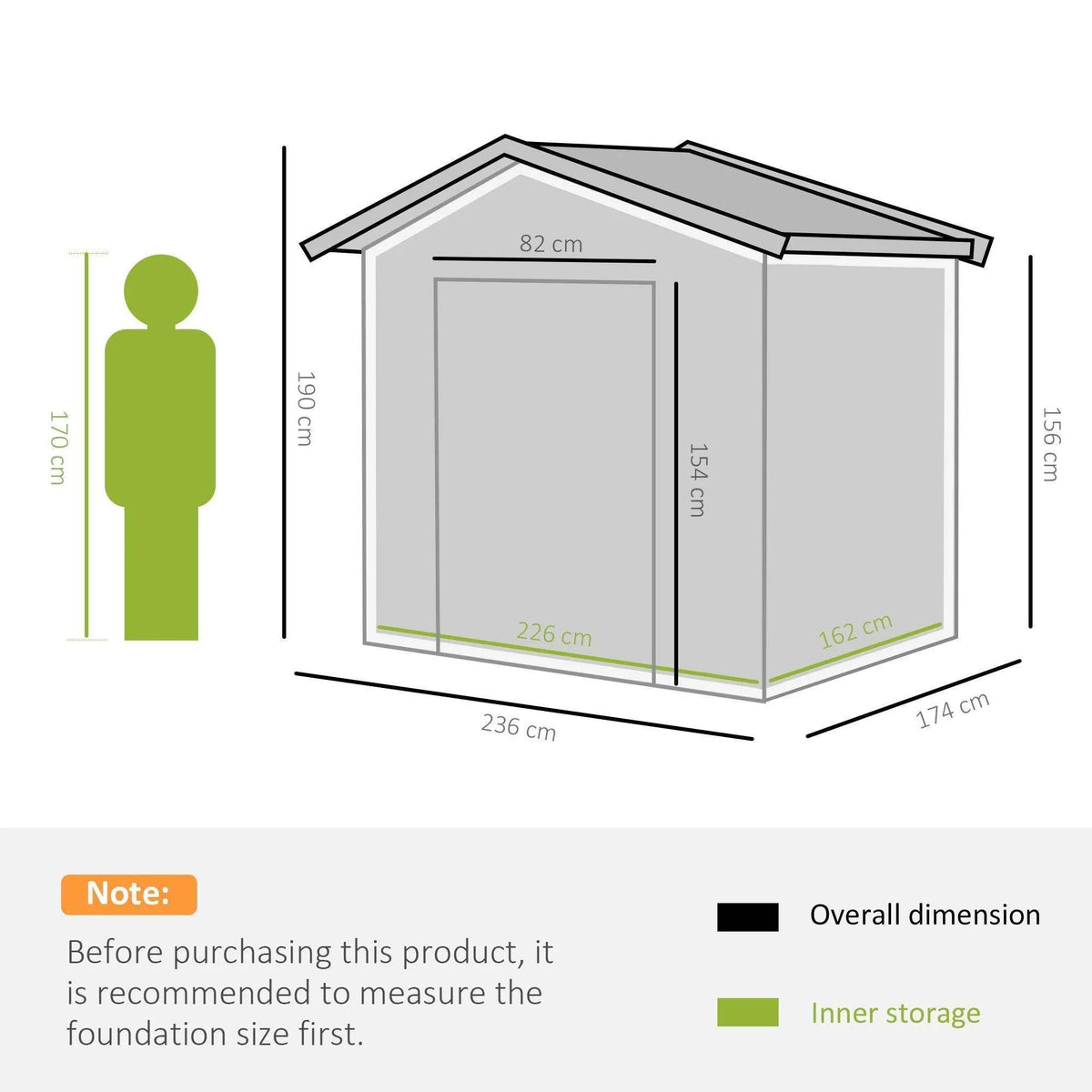 Green metal garden storage shed dimensions diagram with roof and side panels