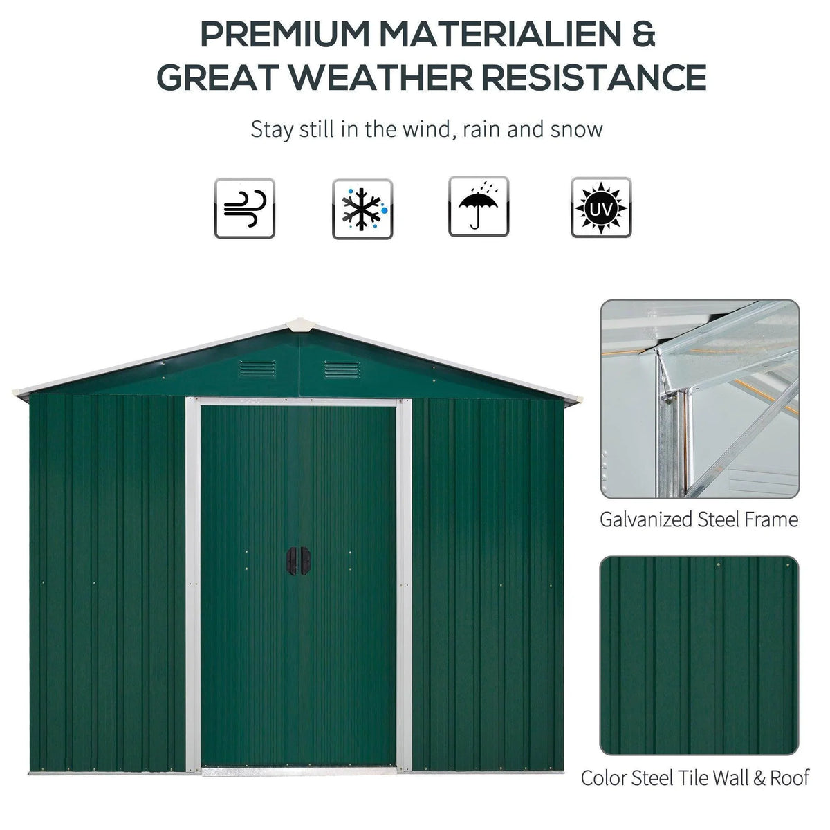 Green metal garden shed front with double sliding door and ventilation panels