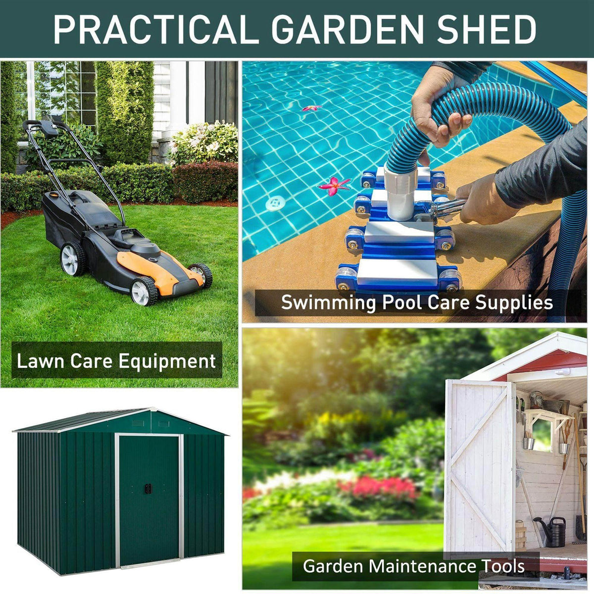 Green metal garden shed shown in practical outdoor storage use scenes