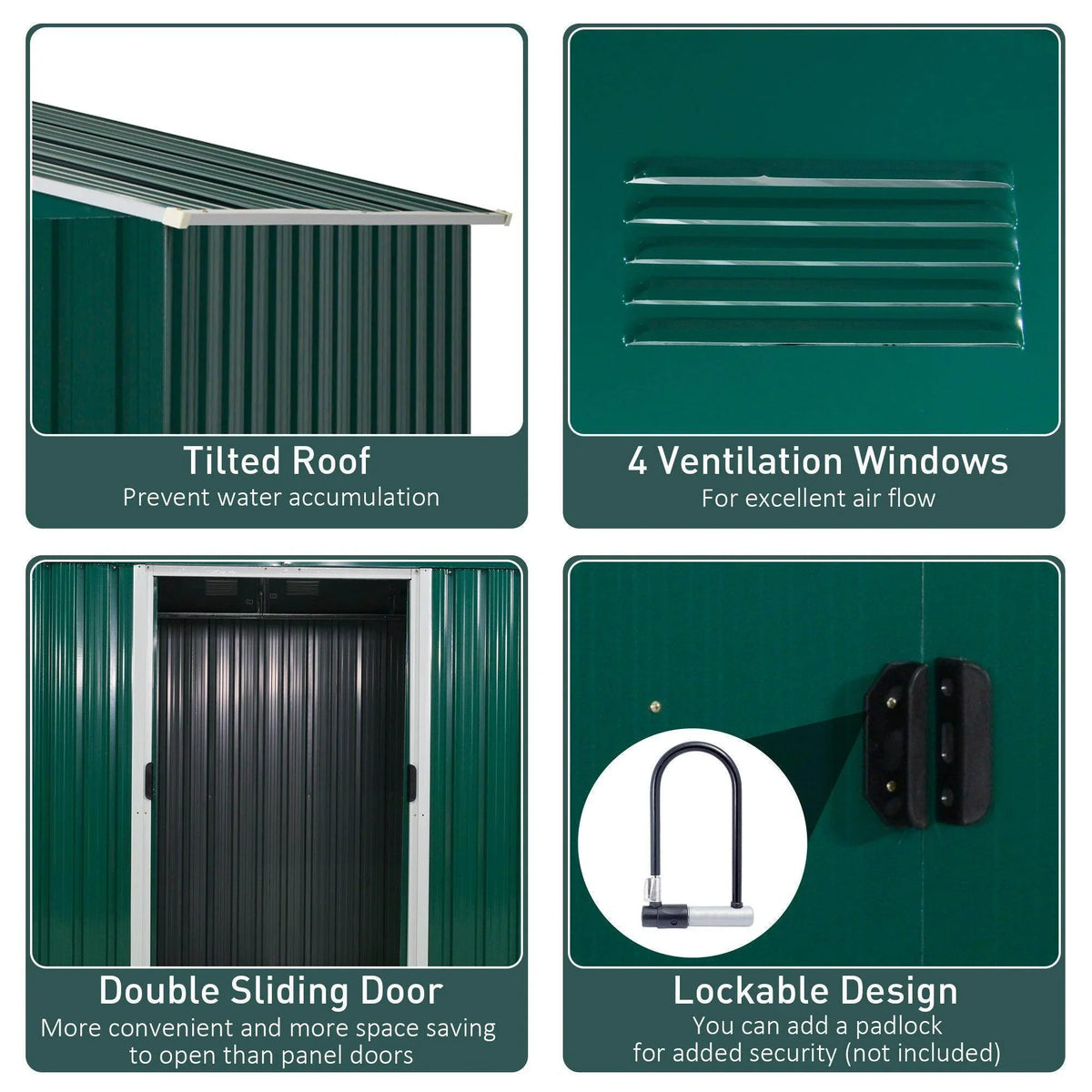 Green metal shed features: tilted roof, 4 vents, sliding door, lockable design