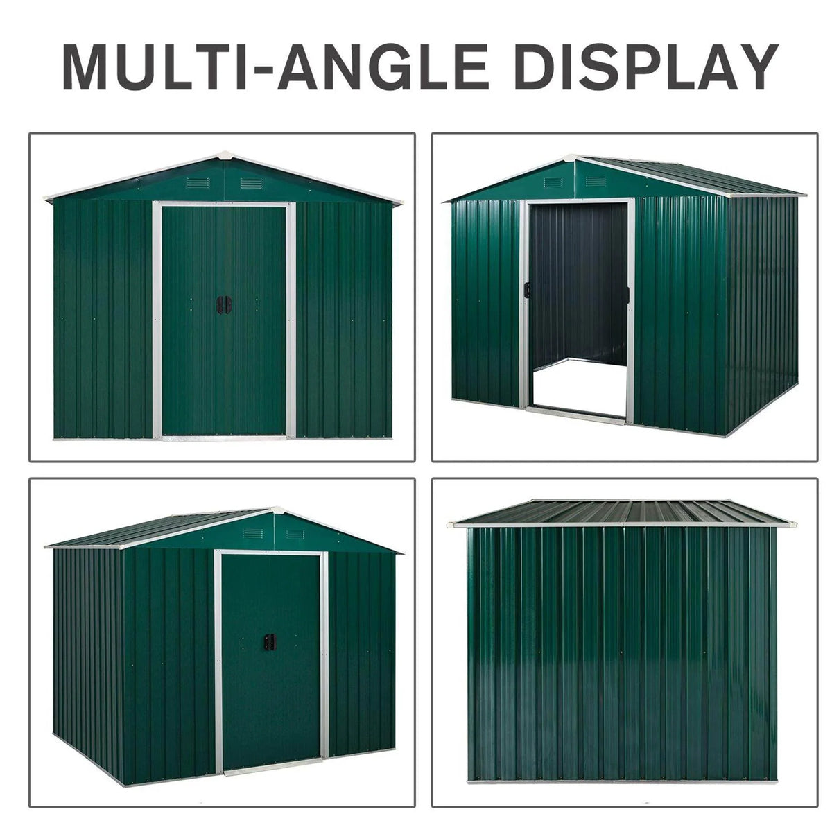 Green metal garden shed multi-angle views showing roof and sliding door front