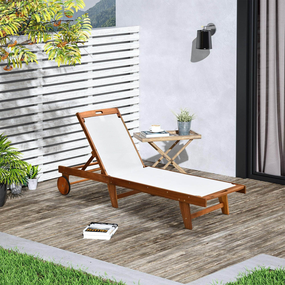 Wooden sun lounger with white seat and adjustable backrest, rolling wheels