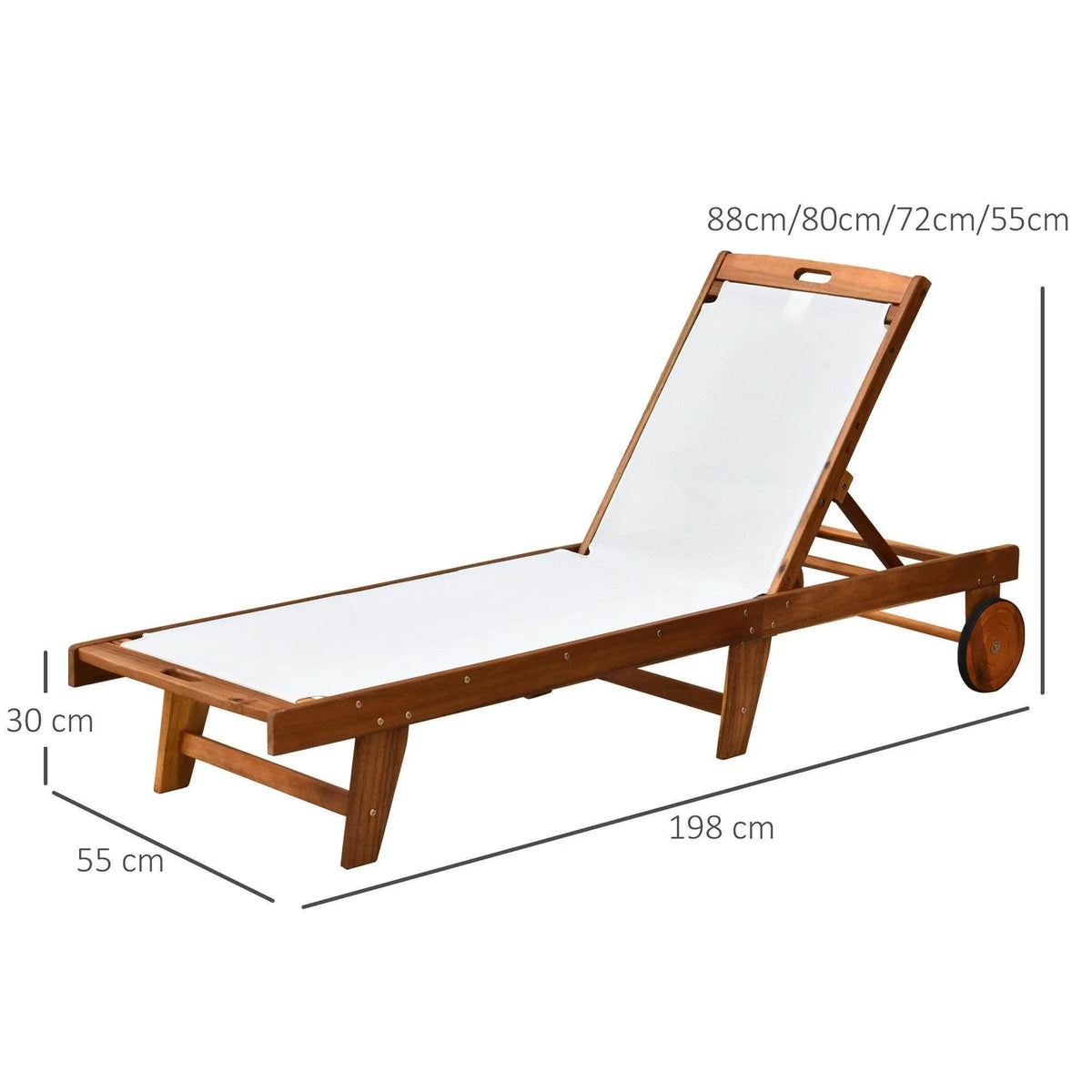 Adjustable sun lounger with white fabric seat, wood frame, and side wheels