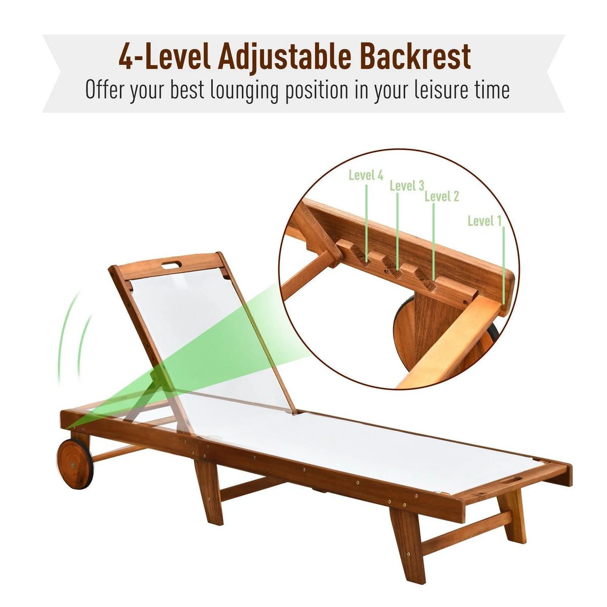 Wooden sun lounger with multi-position adjustable backrest and rolling wheels