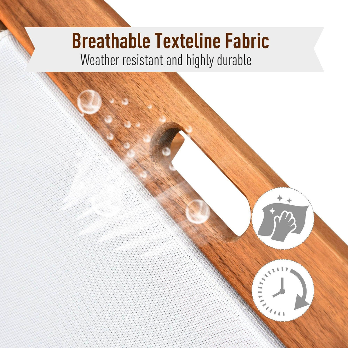 Wooden sun lounger seat with breathable, water-resistant textilene fabric