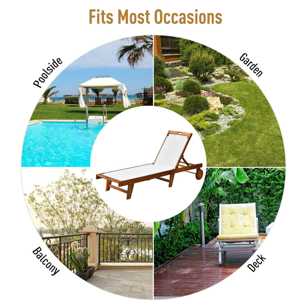 Wooden sun lounger with adjustable backrest and rolling wheels for outdoor spaces