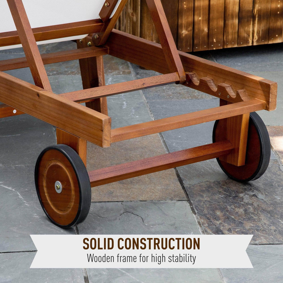Close-up of adjustable backrest hinge and front wheels on wooden sun lounger