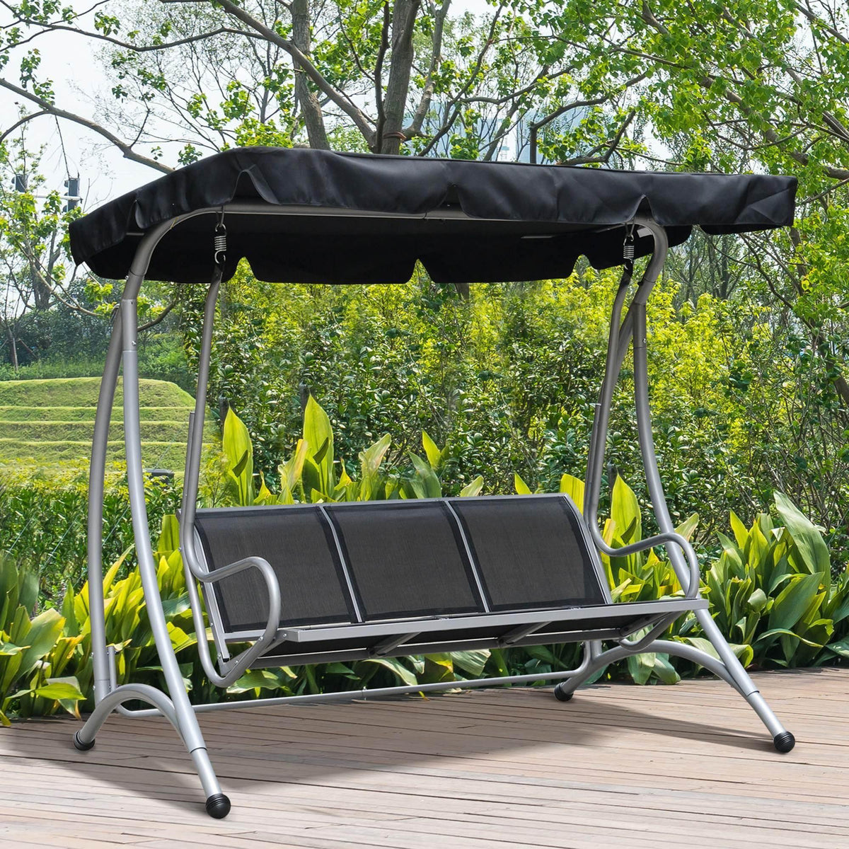 Adjustable canopy porch swing bench with black fabric cover, dark slat seat, steel frame