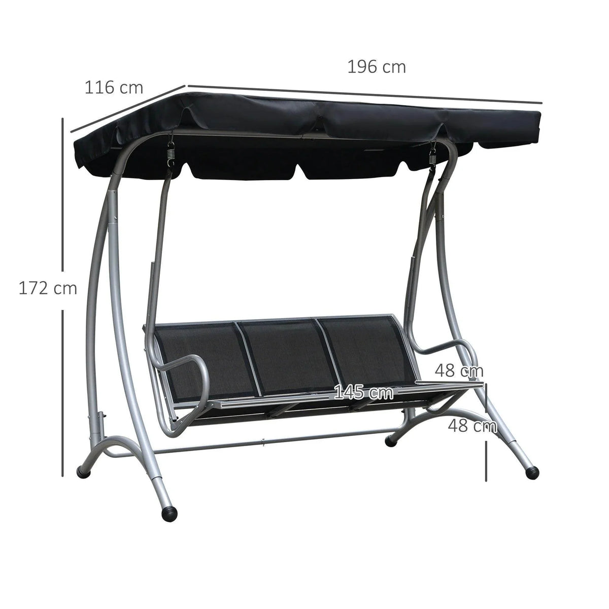 Adjustable canopy swing bench with black top and dark seat on gray steel frame