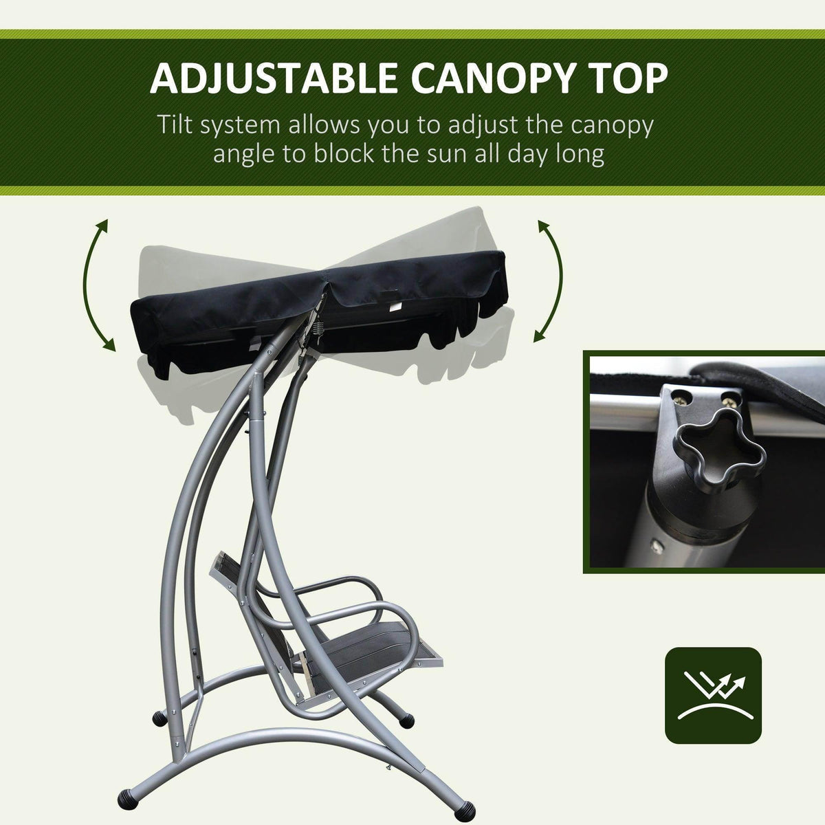 Adjustable canopy top on gray steel porch swing frame with black sling seat