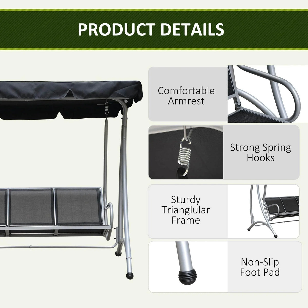 Black canopy swing with gray steel triangular frame, curved armrest and spring hooks