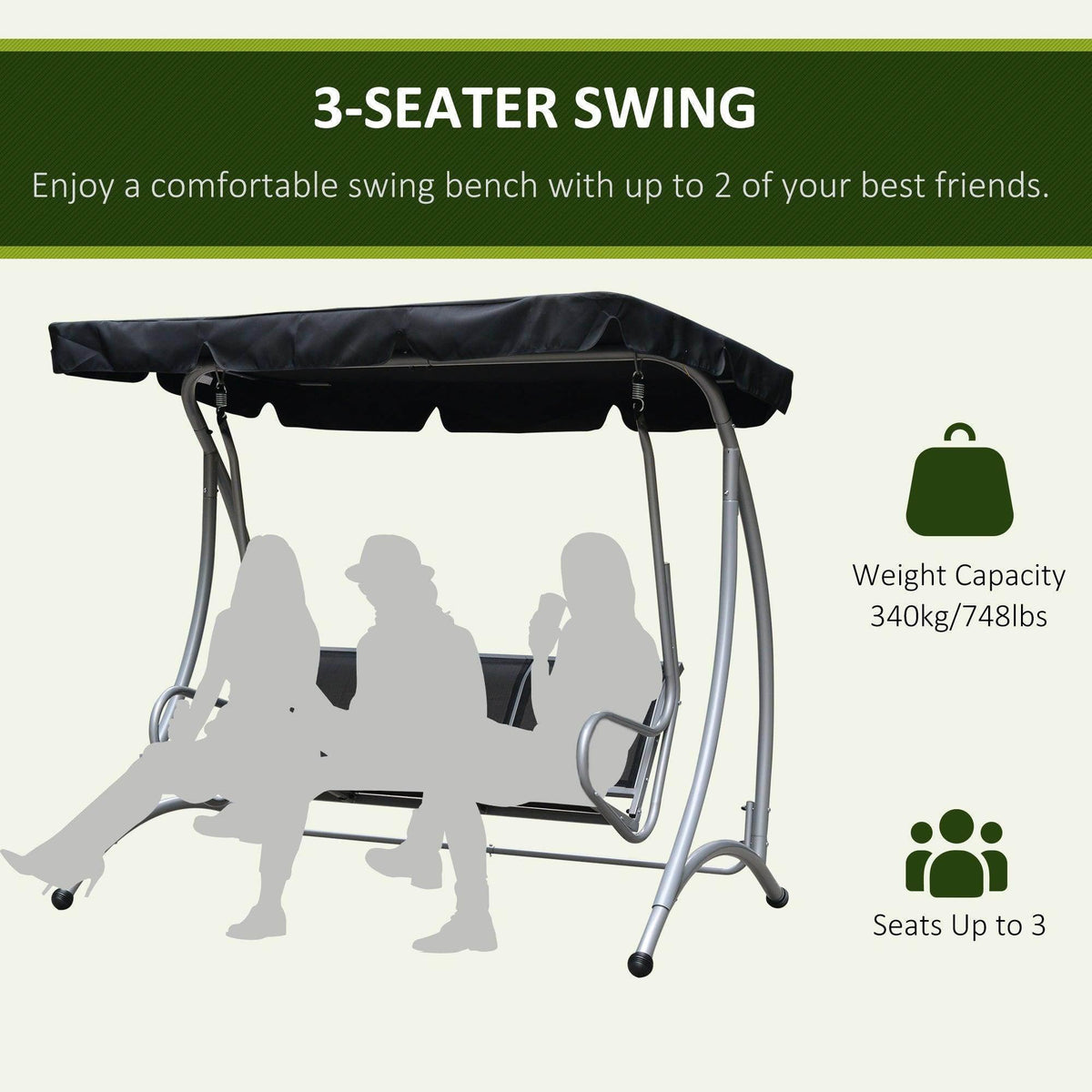 Three-seat porch swing bench with black canopy and gray steel frame