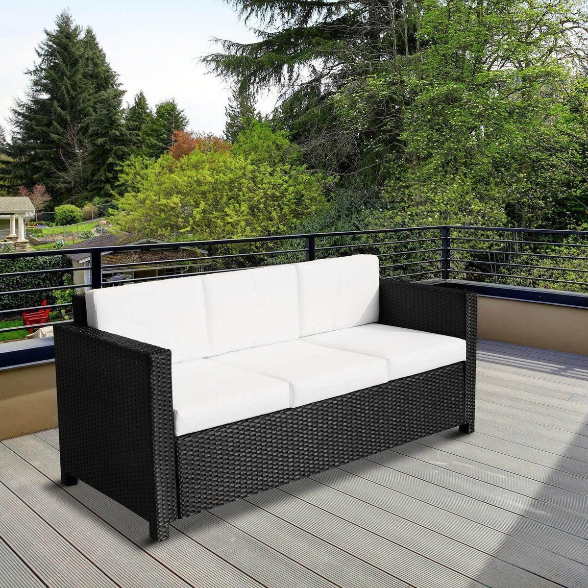 Black resin rattan 3-seater sofa with white cushions and wide armrests