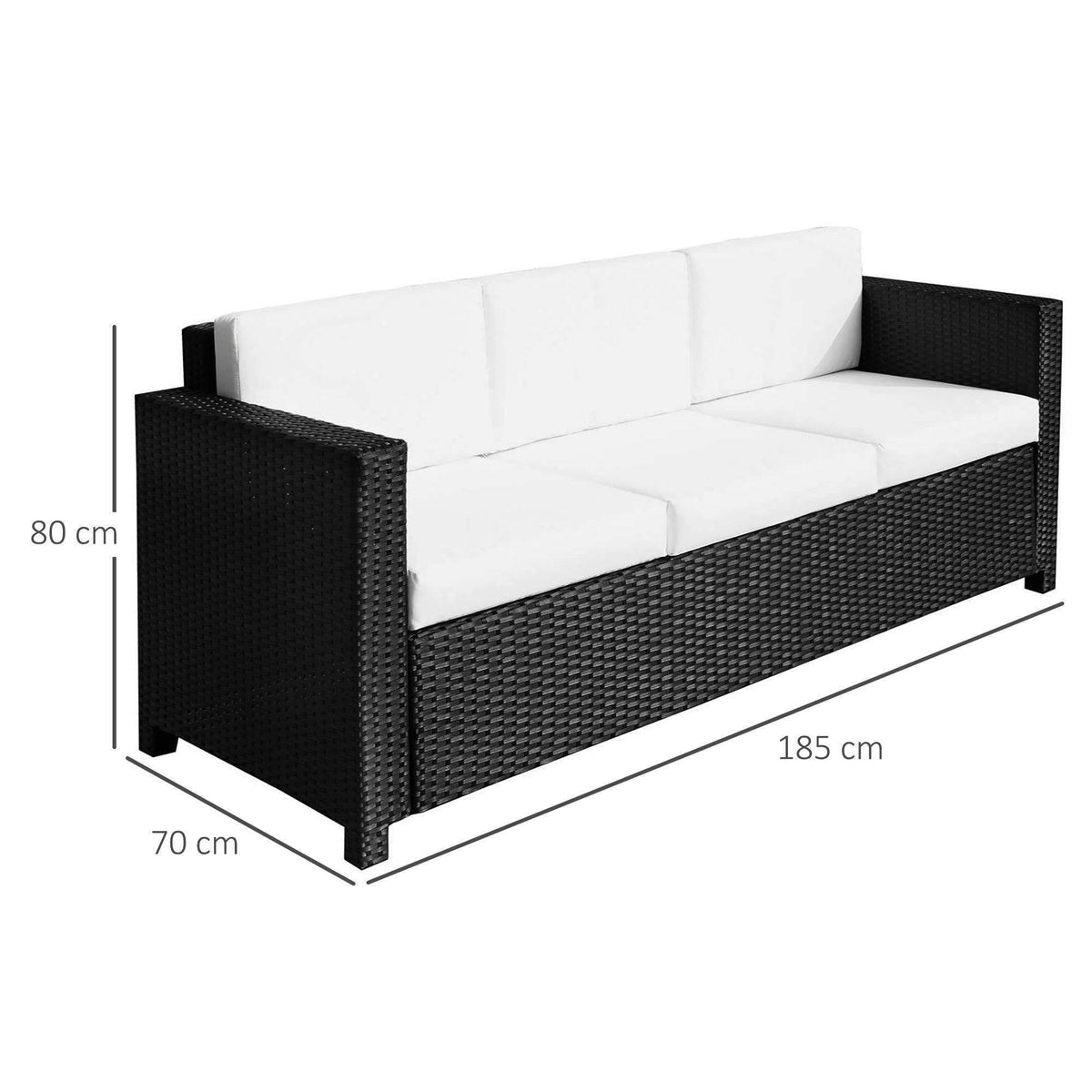 Black resin rattan 3-seater sofa with white seat and back cushions, squared arms
