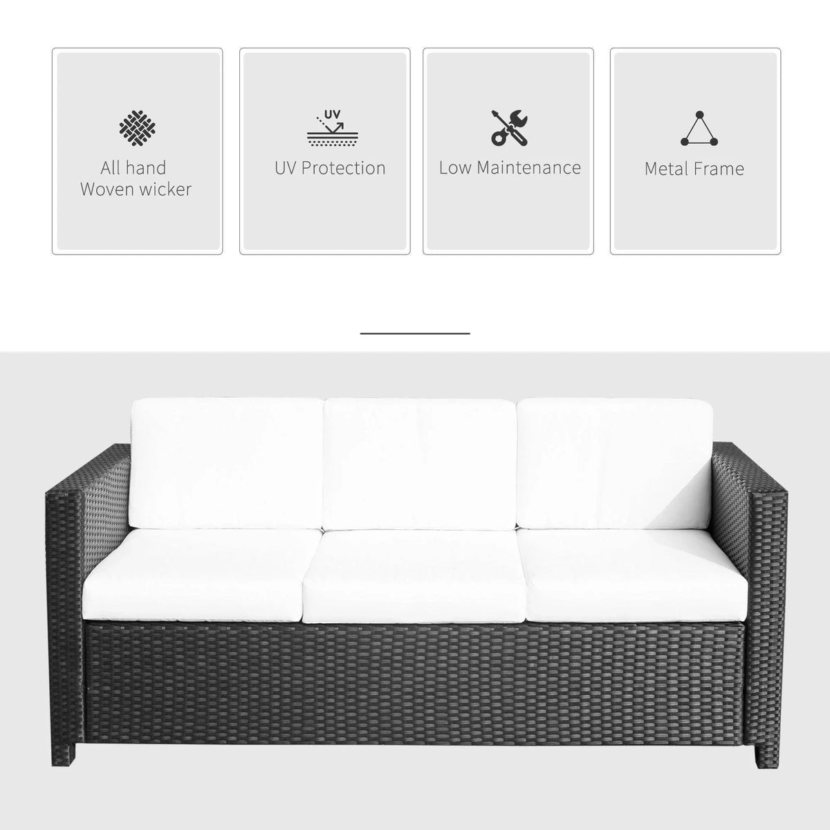 Black resin rattan 3-seater sofa with three white cushions and tall backrest