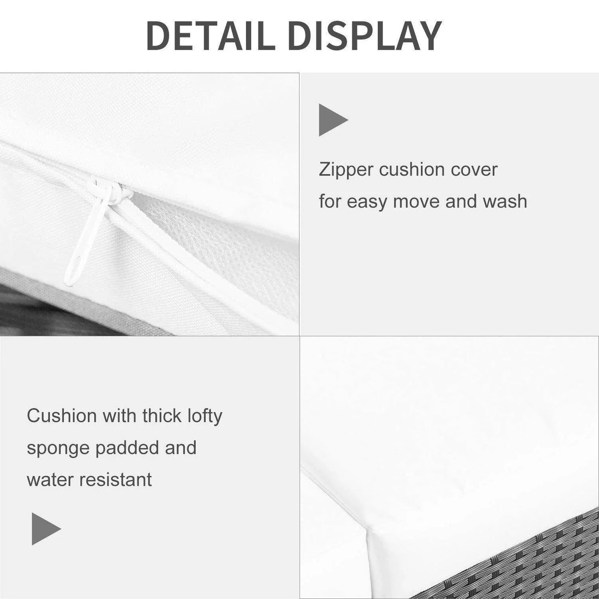 White zipper cushion cover on black resin rattan sofa with thick padded fill