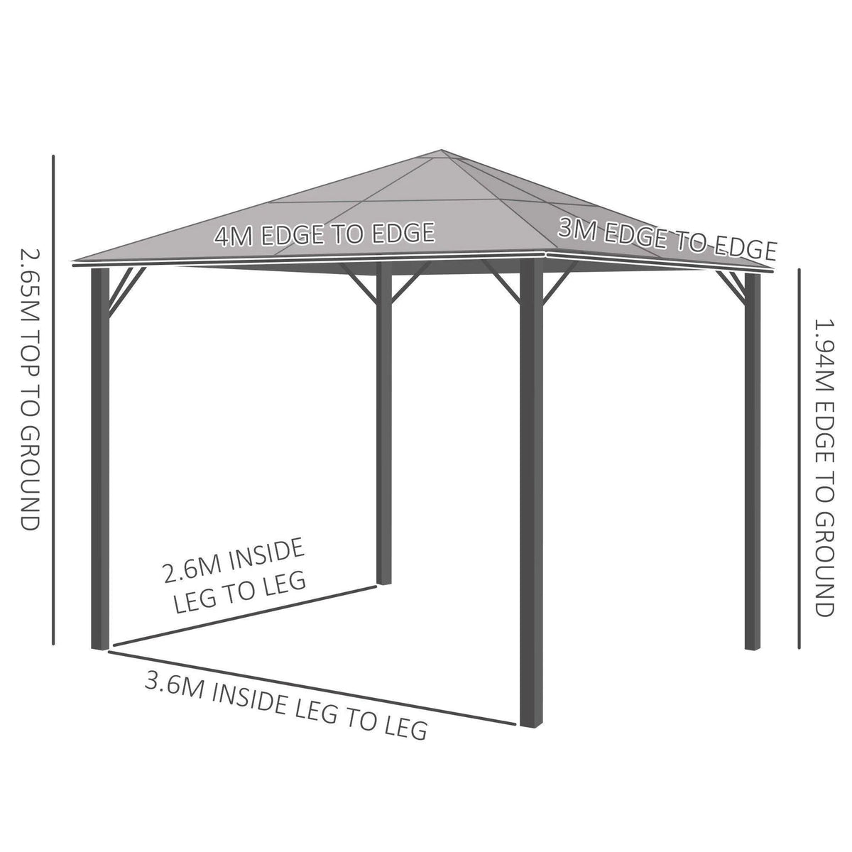 Aluminium gazebo hardtop frame with 4m edge-to-edge and 3m edge-to-edge dimensions