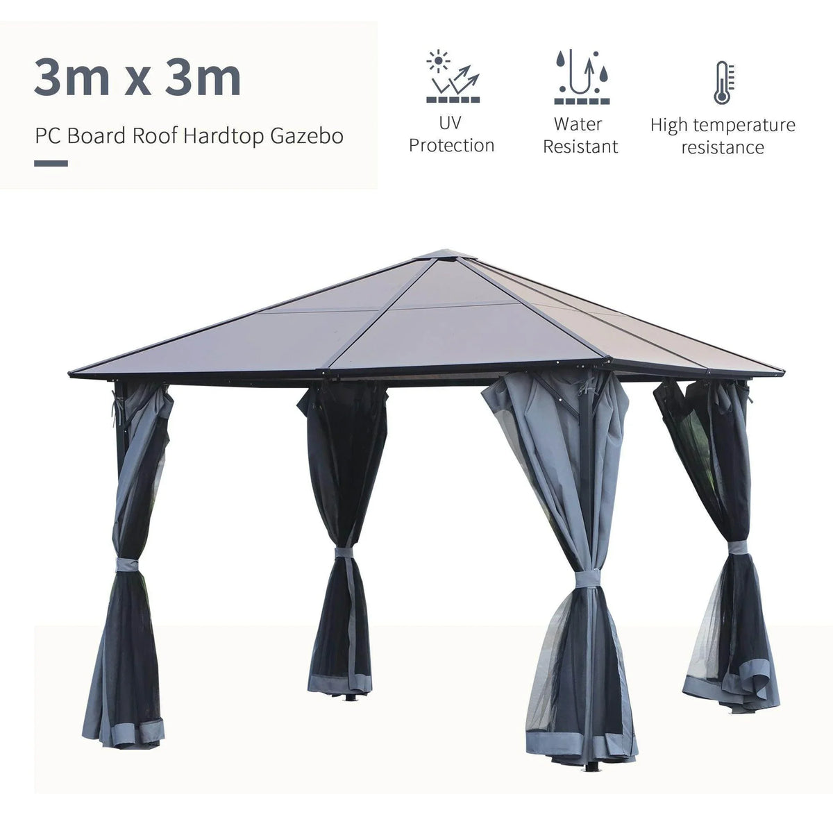 Aluminium gazebo hardtop roof with hanging navy curtains, 3m x 3m shelter