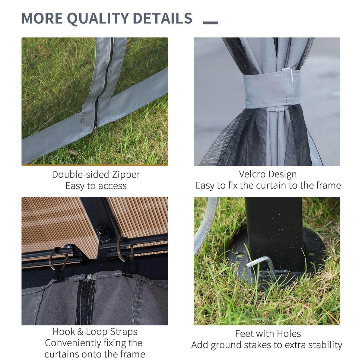 Gazebo curtain details: double-sided zipper, velcro tabs, hook straps, stakeable feet