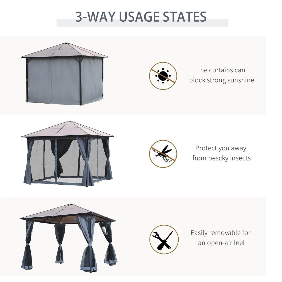 Hardtop gazebo with curtains for three-way use: shade, insect protection, open-air feel