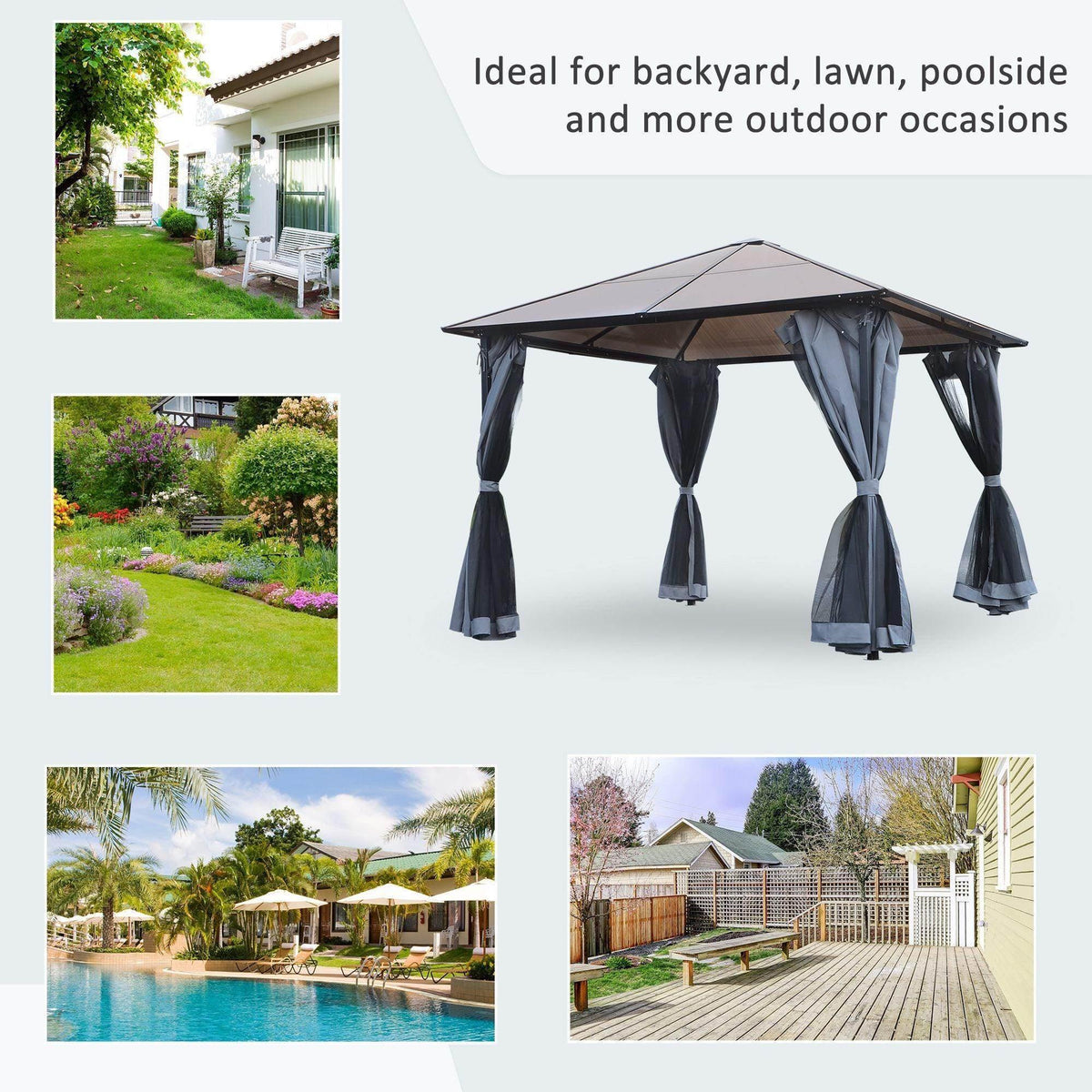 Hardtop gazebo with hanging navy curtains for backyard, lawn, and poolside outdoor spaces