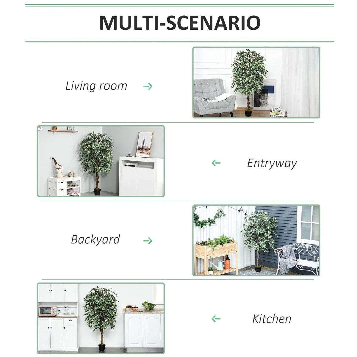 Artificial ficus silk tree in a black nursery pot, styled as indoor decor.