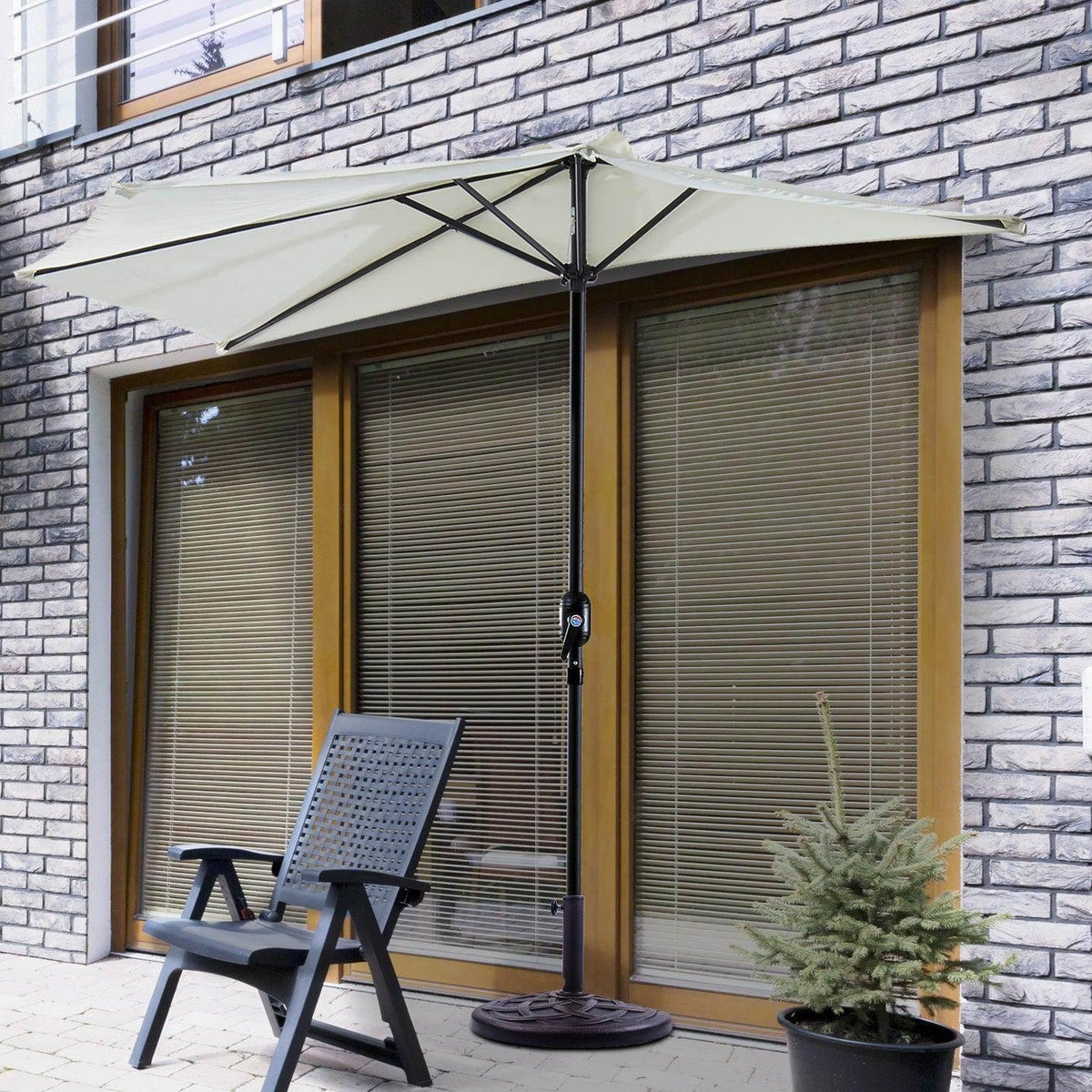 Cream white half balcony parasol with open fabric canopy, center pole, and round base