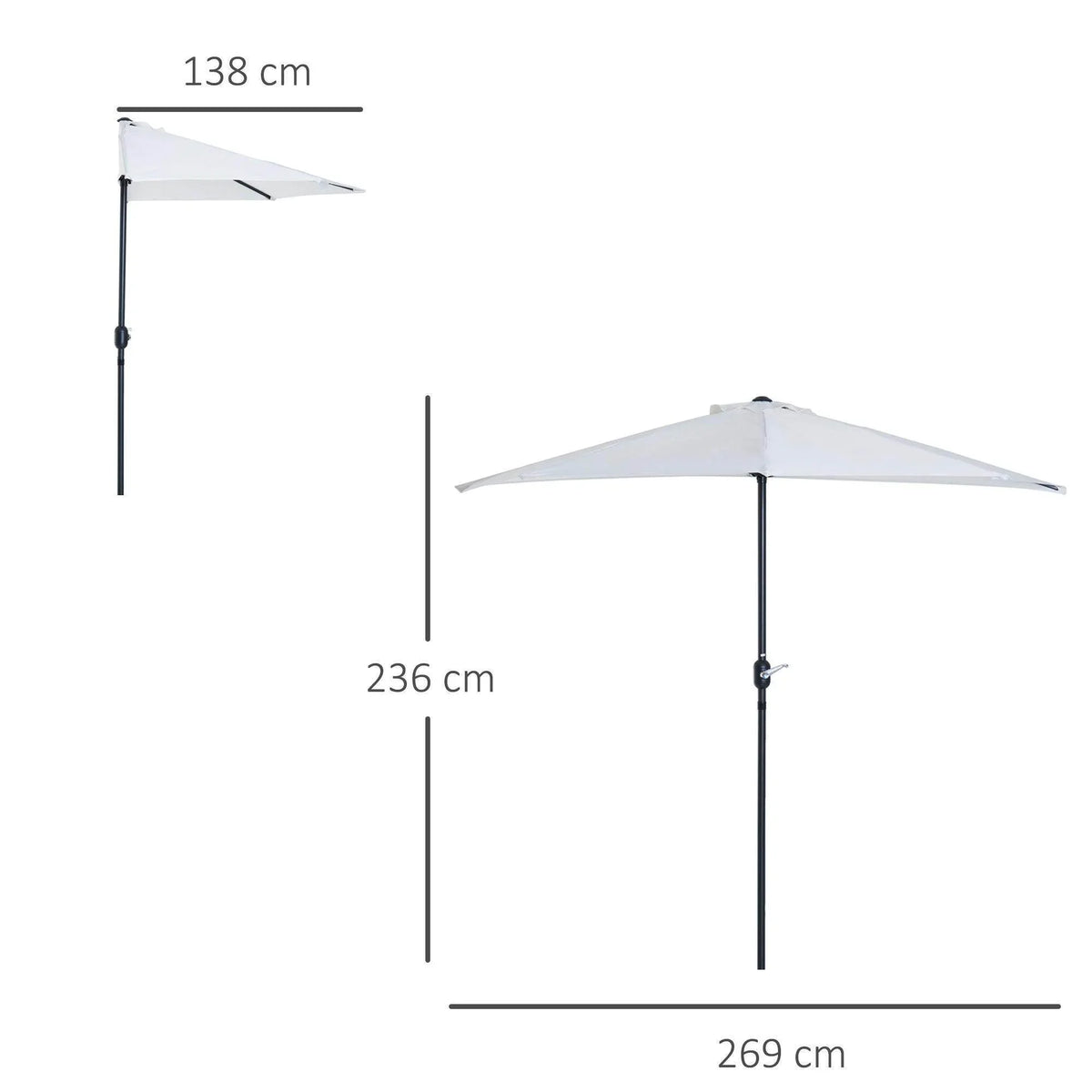 Cream white half balcony parasol with straight black pole; size diagram with canopy shape